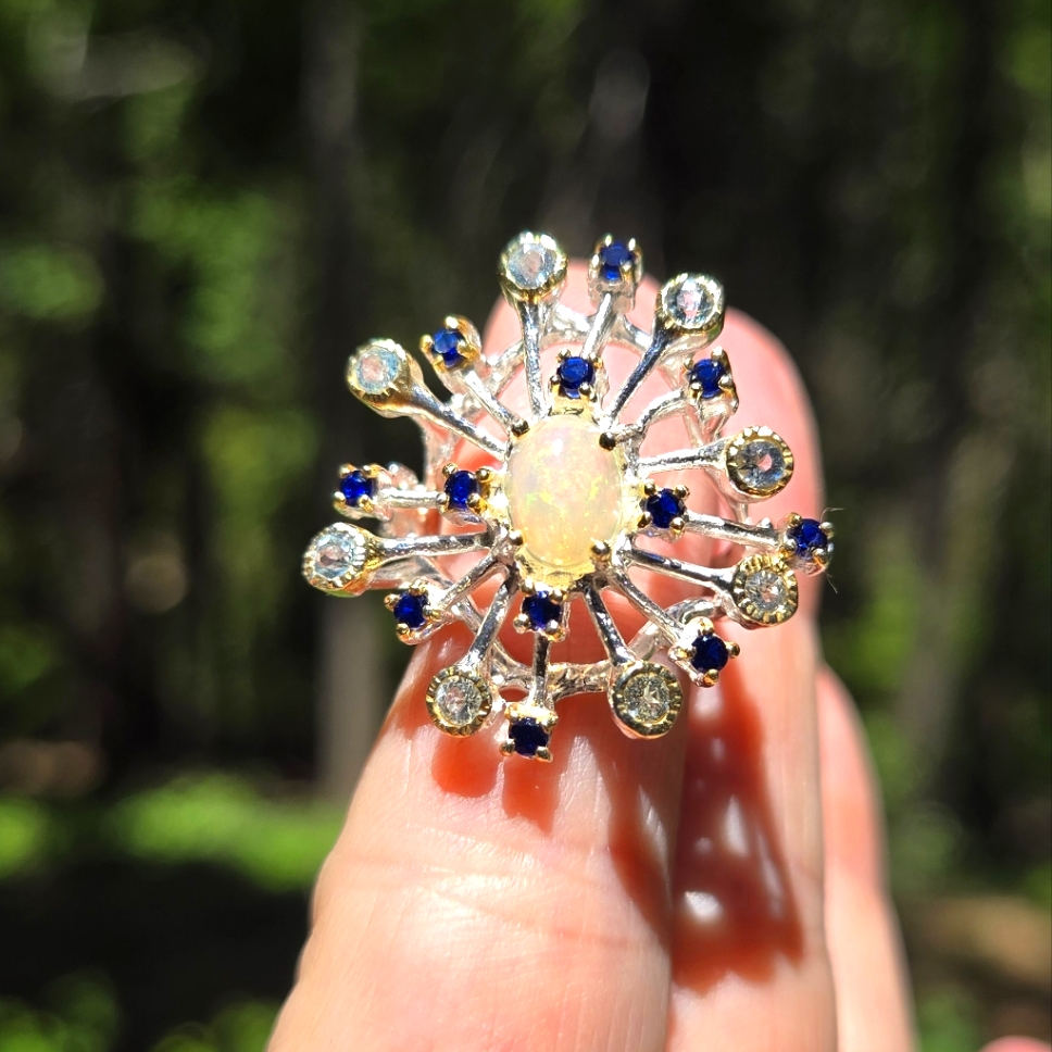 Opal Sapphire & Topaz Sterling & Gold Snowflake Ring Sz6.5